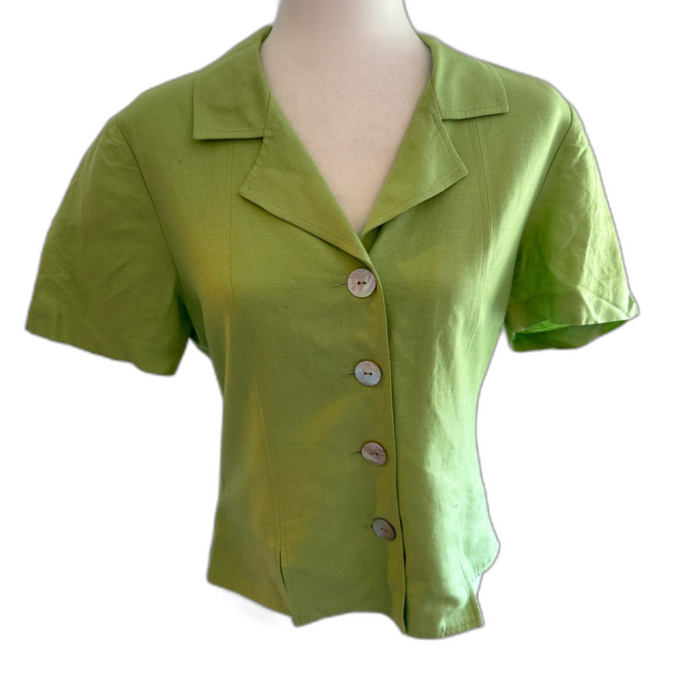 Coldwater Creek | Green Button Down Linen Blend Blouse Padded Shoulders Size 10